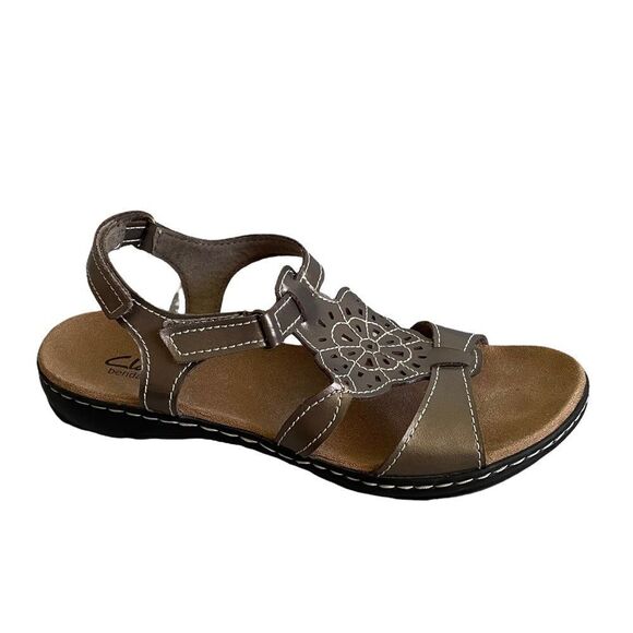 CLARKS Bendables Leisa Metallic Taffy Leather Summer Sandals Shoes Pewter 10 - Picture 1 of 12
